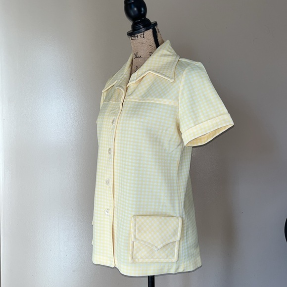 Vintage 70s Yellow Checkered Button Up Top Blouse - Picture 7 of 13